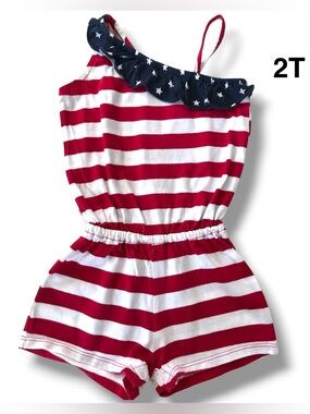 Girls Red & White Striped One-Shoulder Romper with Navy Star Ruffle Size 2T.